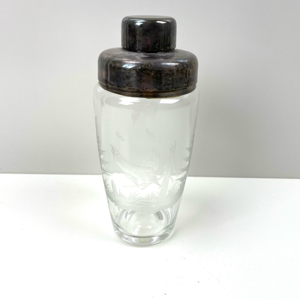 Vintage Etched Glass Cocktail Shaker Silver Lid